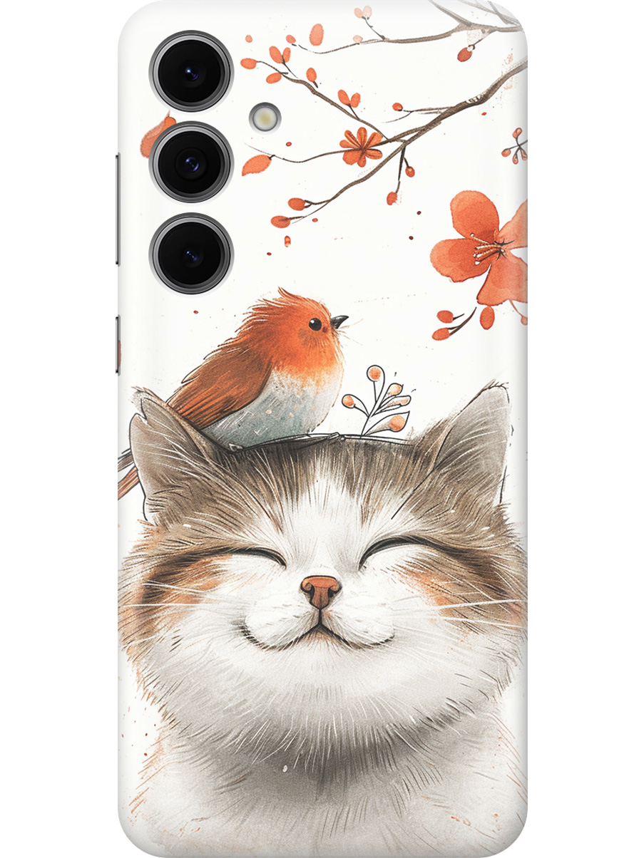 

Силиконовый чехол на Samsung Galaxy S24 FE с принтом "Довольный котик и птичка", Прозрачный;белый;красный, 786718111