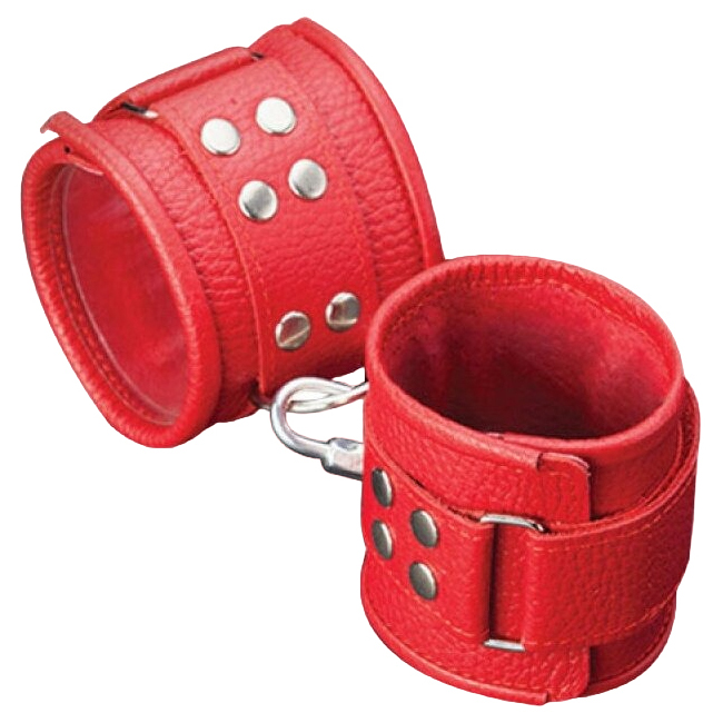 Наручники Sitabella Кожаные с ремешком и двумя карабинами на концах красные