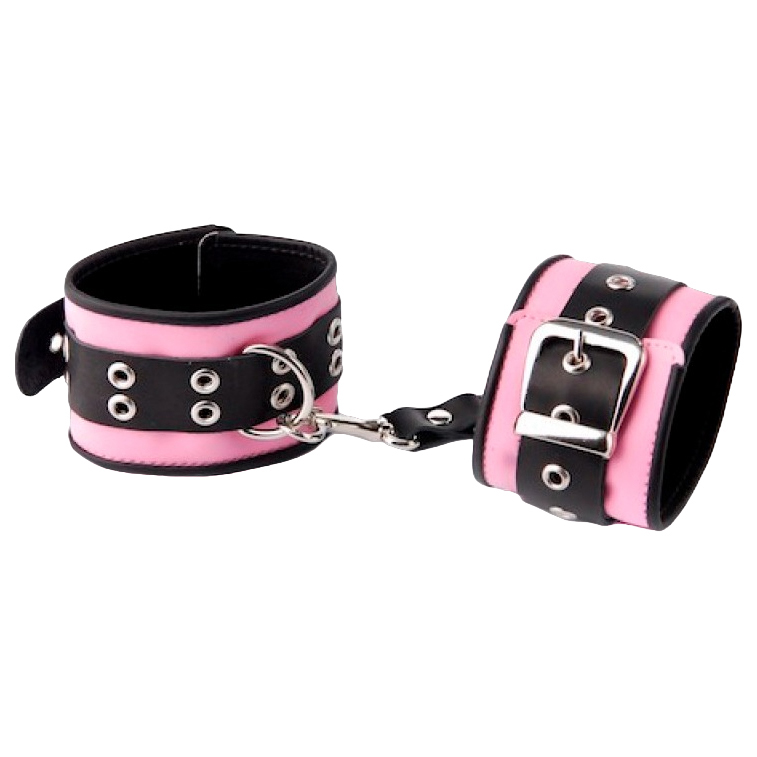 Наручники Sitabella с ремешком с двумя карабинами на концах розово-черные