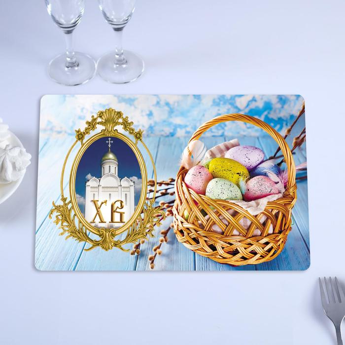 

Салфетка на стол "ХВ" храм и яйца в корзине, 40 х 25 см, Пасха