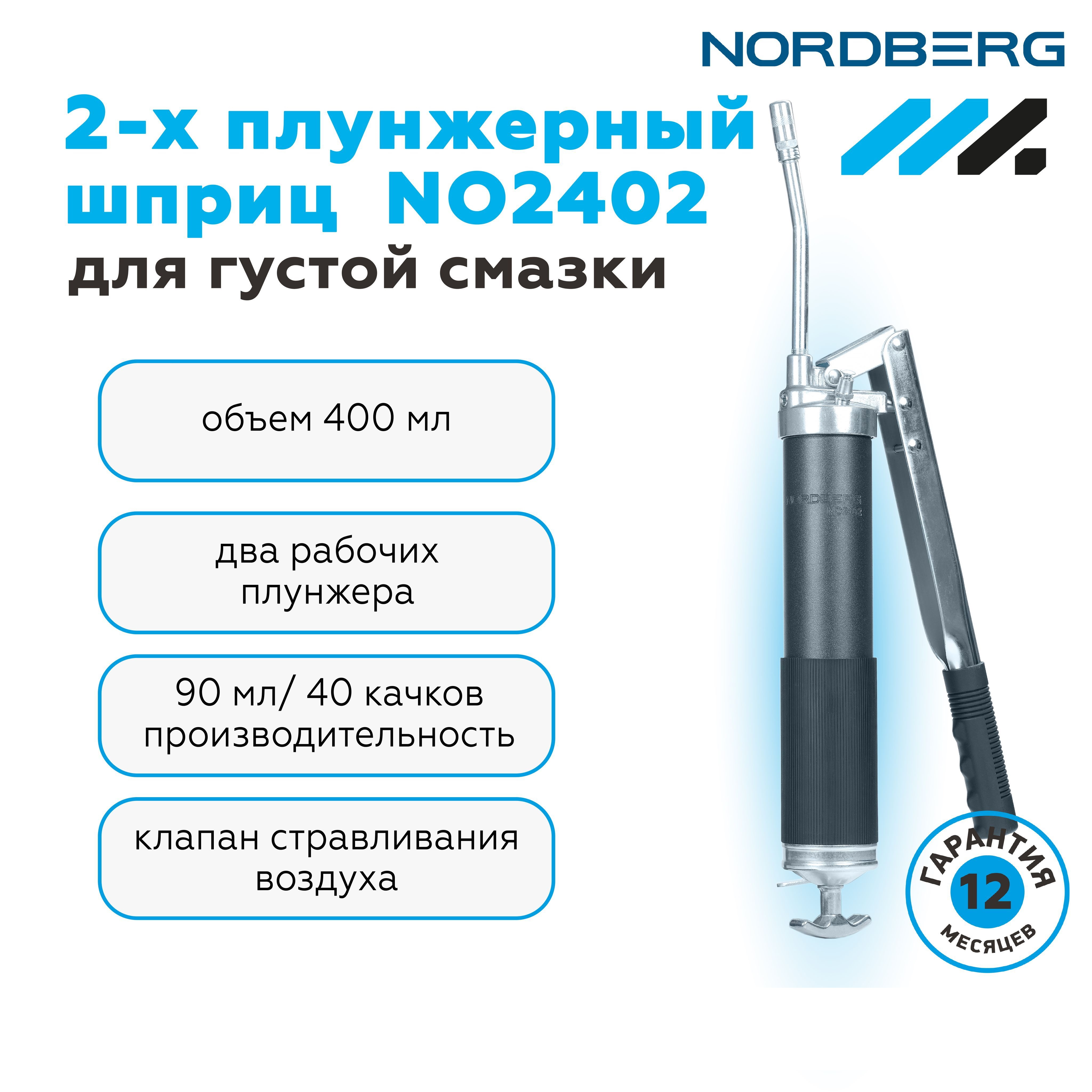 NORDBERG Шприц плунжерный с двумя поршнями для густой смазки 400 мл 4499₽