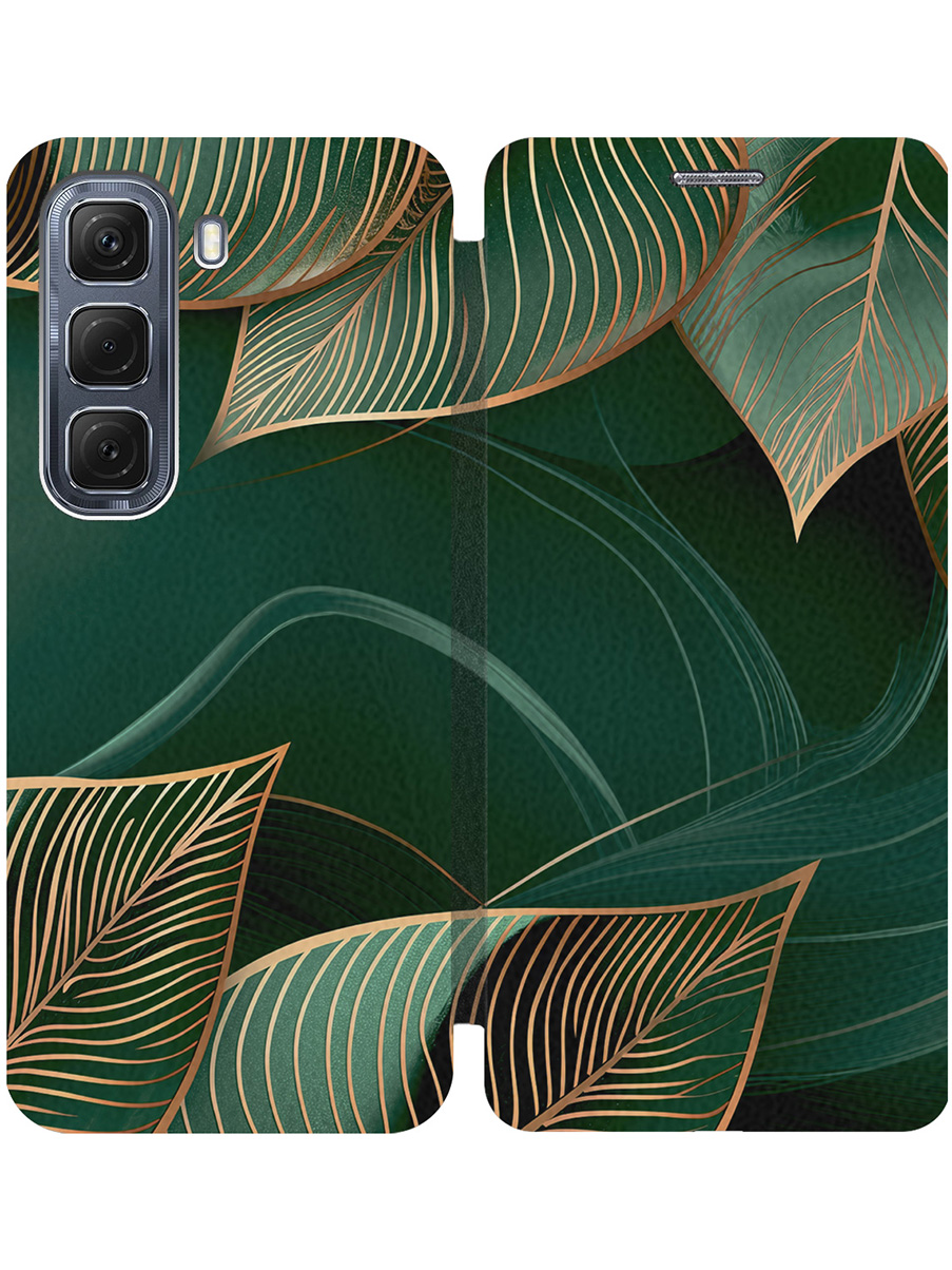 

Чехол-книжка на Infinix Hot 50 4G с принтом "Малахитовые листья" черный, Черный;зеленый, 786718741