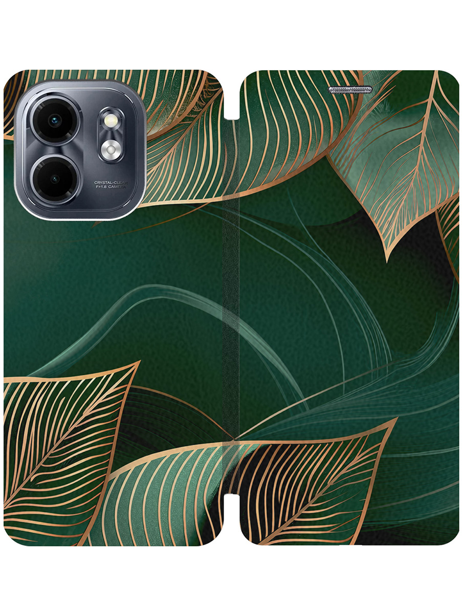 

Чехол-книжка на Infinix Hot 50i / Smart 9 с принтом "Малахитовые листья" черный, Черный;зеленый, 786719341