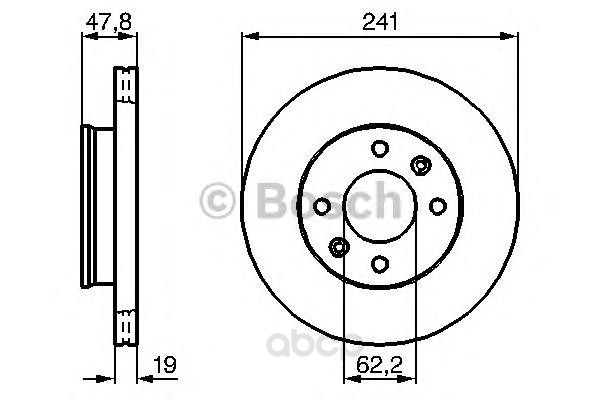 

Тормозной диск Bosch передний для Hyundai Getz 1.1-1.6 R13 02- без абс d=241мм. 0986479206