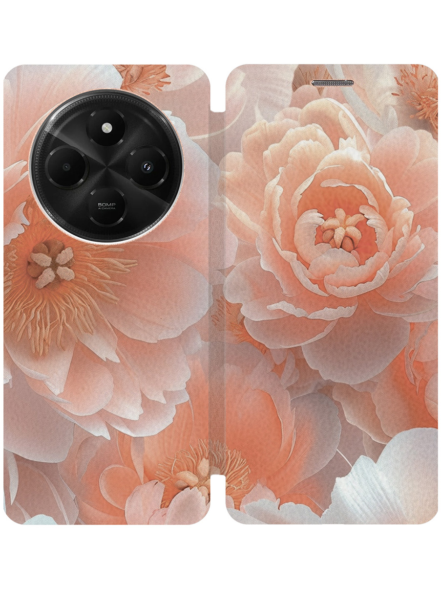 

Чехол-книжка на Xiaomi Redmi 14C, Poco C75 с принтом "Персиковые пионы" золотой, Золотистый;белый;оранжевый, 786715721