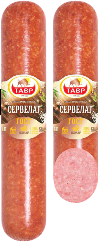 

Колбаса Тавр Сервелат варено-копченая +-600 г