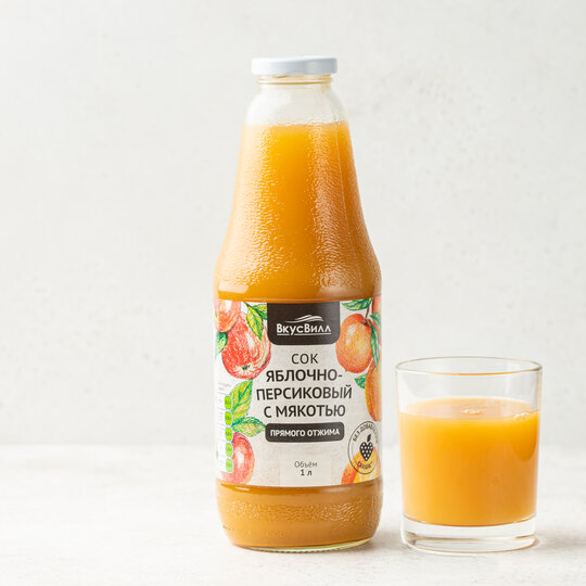 

Сок ВкусВилл яблочно-персиковый с мякотью прямого отжима 1 л