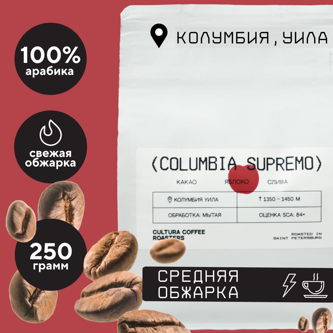 Кофе в зернах Cultura Coffee Roasters Арабика 100% Колумбия Супремо, 250 г