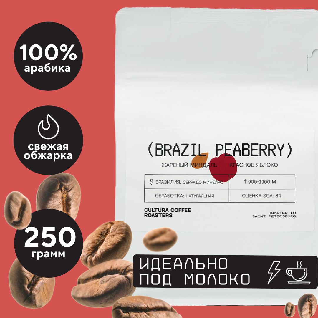 Кофе в зернах Cultura Coffee Roasters Арабика 100% Бразилия Пиберри, 250 г