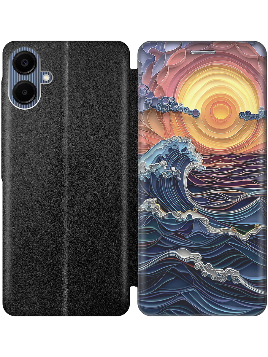 

Чехол-книжка на Samsung Galaxy A06 с принтом "Волны на закате" черный, Черный;оранжевый;синий, 786717541