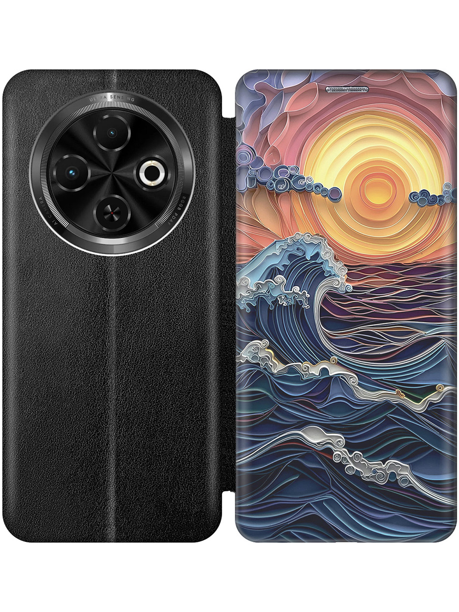 

Чехол-книжка на Tecno Spark 30C с принтом "Волны на закате" черный, Черный;оранжевый;синий, 786716341