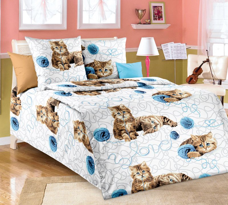 фото Детское постельное белье всё себе из бязи котики с клубочком 1.5-спальное наволочки 50х70