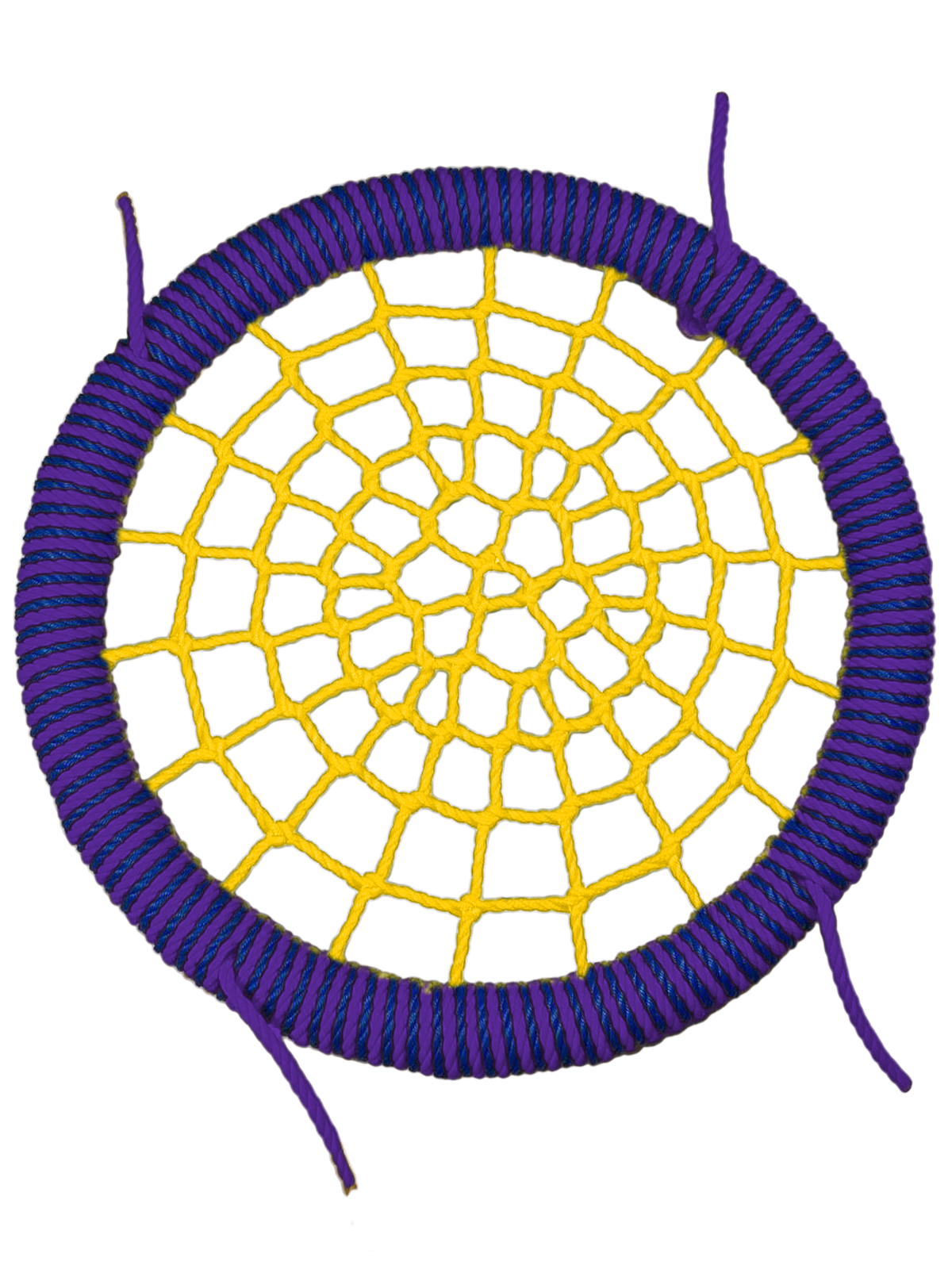 

Качели-гнездо JINN КТ/УЗ/140/102/16/8/С/Ф-Ж/КГ 140x140 см фиолетовый, желтый, синий, 140 круг 102 обод 16 и 8 канат узлы