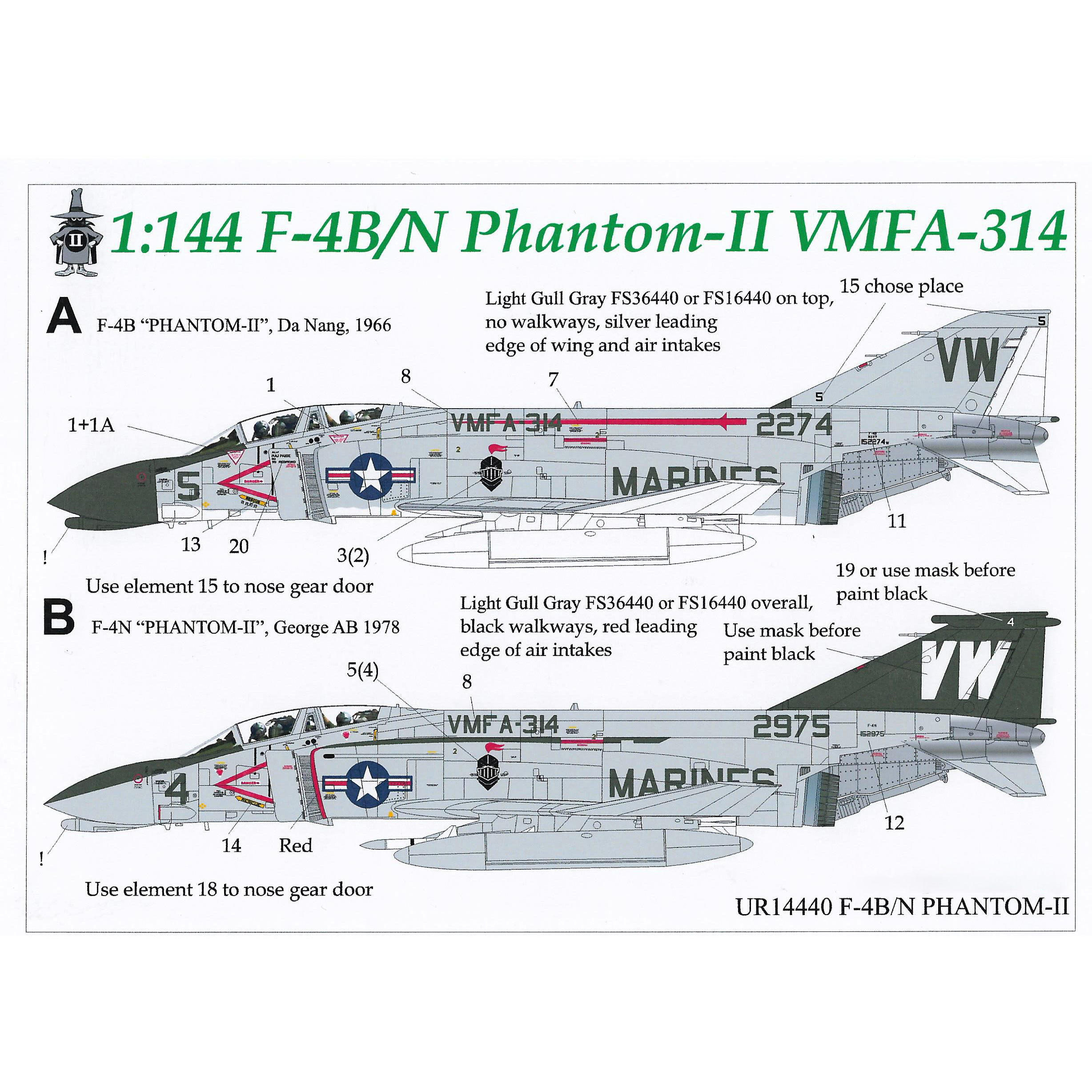 Декали UpRise 1/144 для F-4B/N Phantom-II VMFA-314, без тех. надписей UR14440