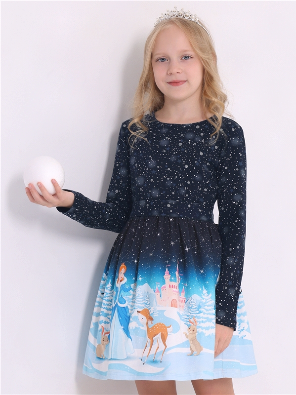 Платье детское Апрель 1ДПД2999804ня, звездное небо на темно-синем+принцесса в лесу, 140