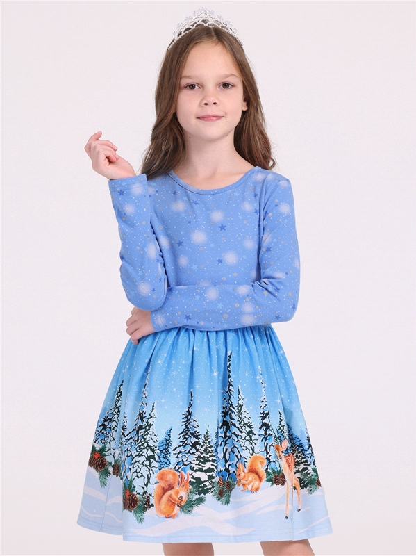 Платье детское Апрель 1ДПД3518804нгя, звездное небо на голубом+белки в елках, 128