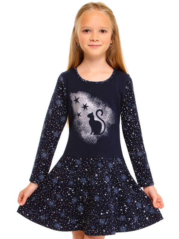 Платье детское Апрель 1ДПД2993804нг, звездное небо на темно-синем Кошка со звездами, 134