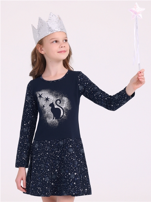 Платье детское Апрель 1ДПД2993804нг, звездное небо на темно-синем Кошка со звездами, 146