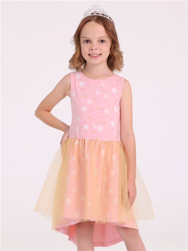 Платье детское Апрель 1ДПБ4236804нгс, звездное небо на розовом с глиттером+золото, 122