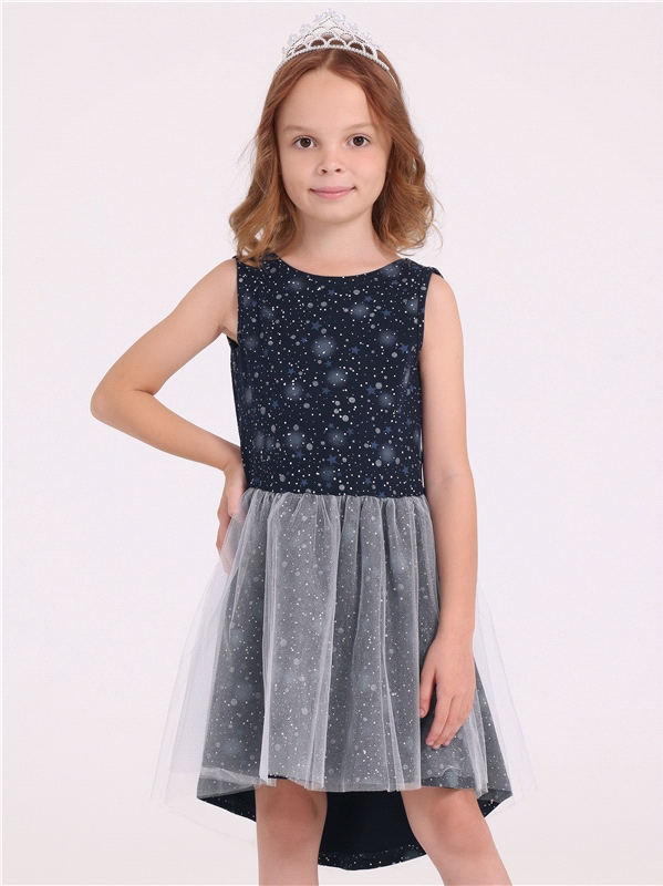 Платье детское Апрель 1ДПБ4236804нгс, небо на темно-синем с глиттером+серебро, 140