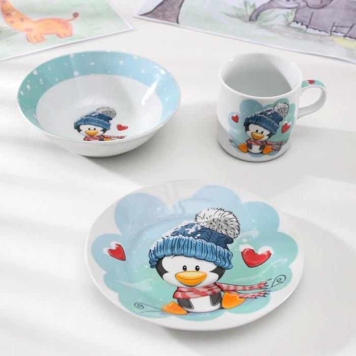 Набор детской посуды Доляна «Пингвинёнок», 3 предмета: кружка 230 мл, миска 400 мл, тарелк