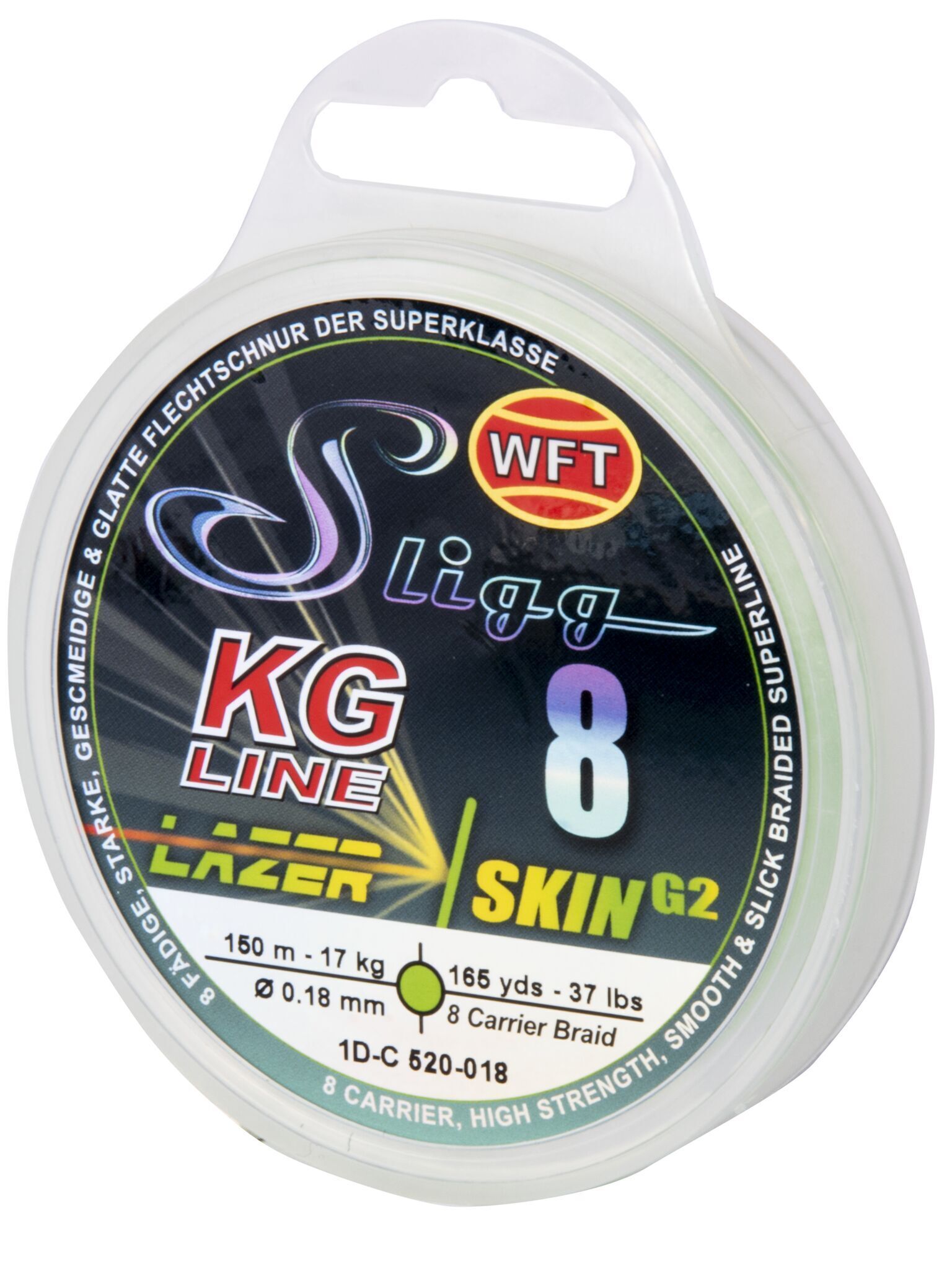 Рыболовная леска WFT KG Sligg Lazer Skin G2 x8 150 м, 0.18 мм Chartreuse