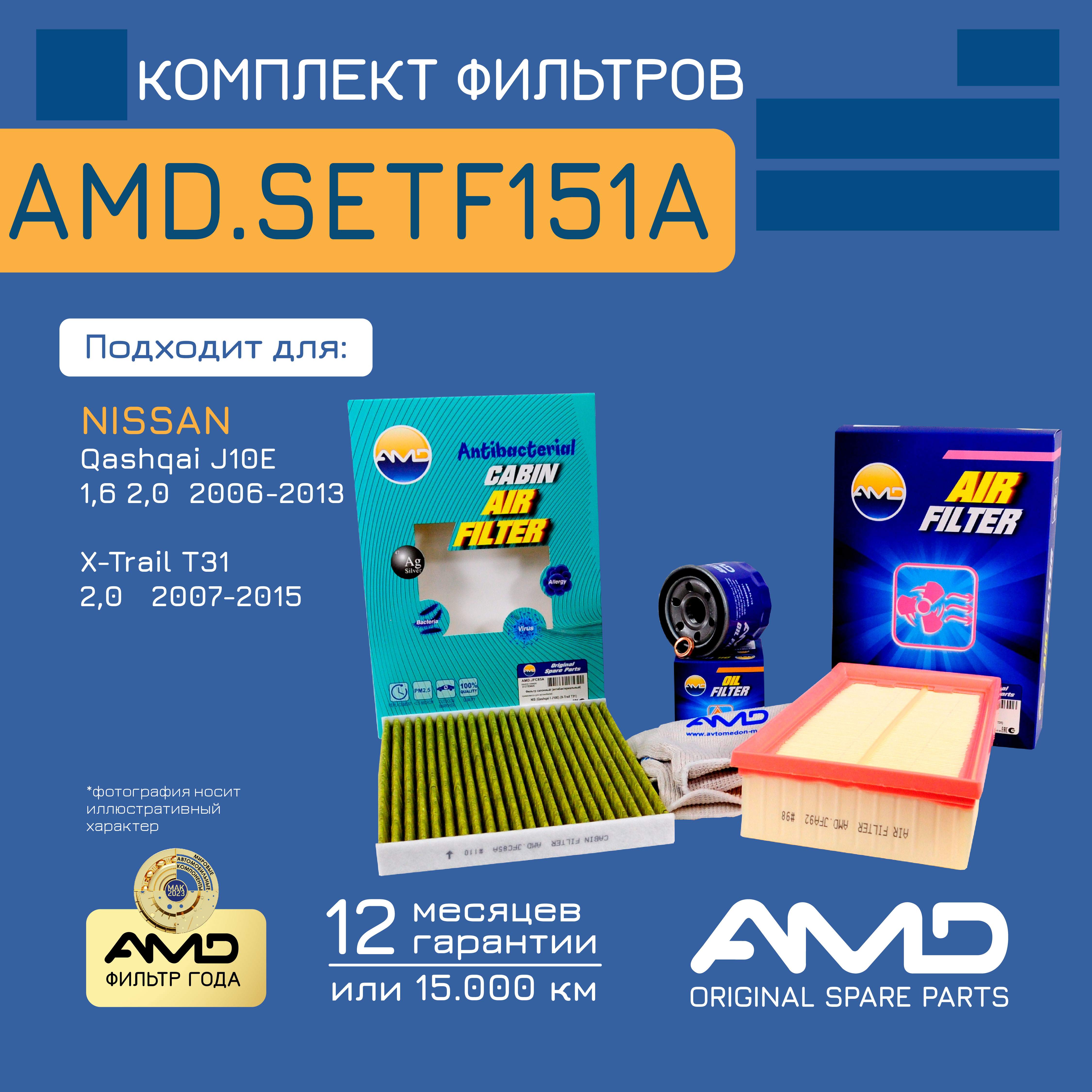 

Комплект фильтров (масл + возд + салон) AMD.SETF151A Qashqai 1,6 2,0 -13 X-Trail 2,0 07-