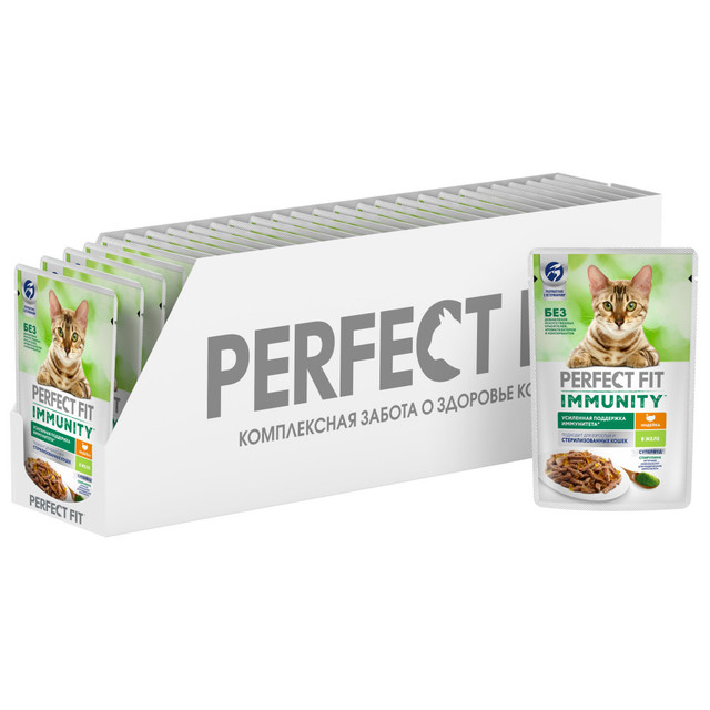 

Влажный корм для кошек Perfect Fit Immunity, с индейкой в желе и спирулиной 75г 28 шт, Immunity