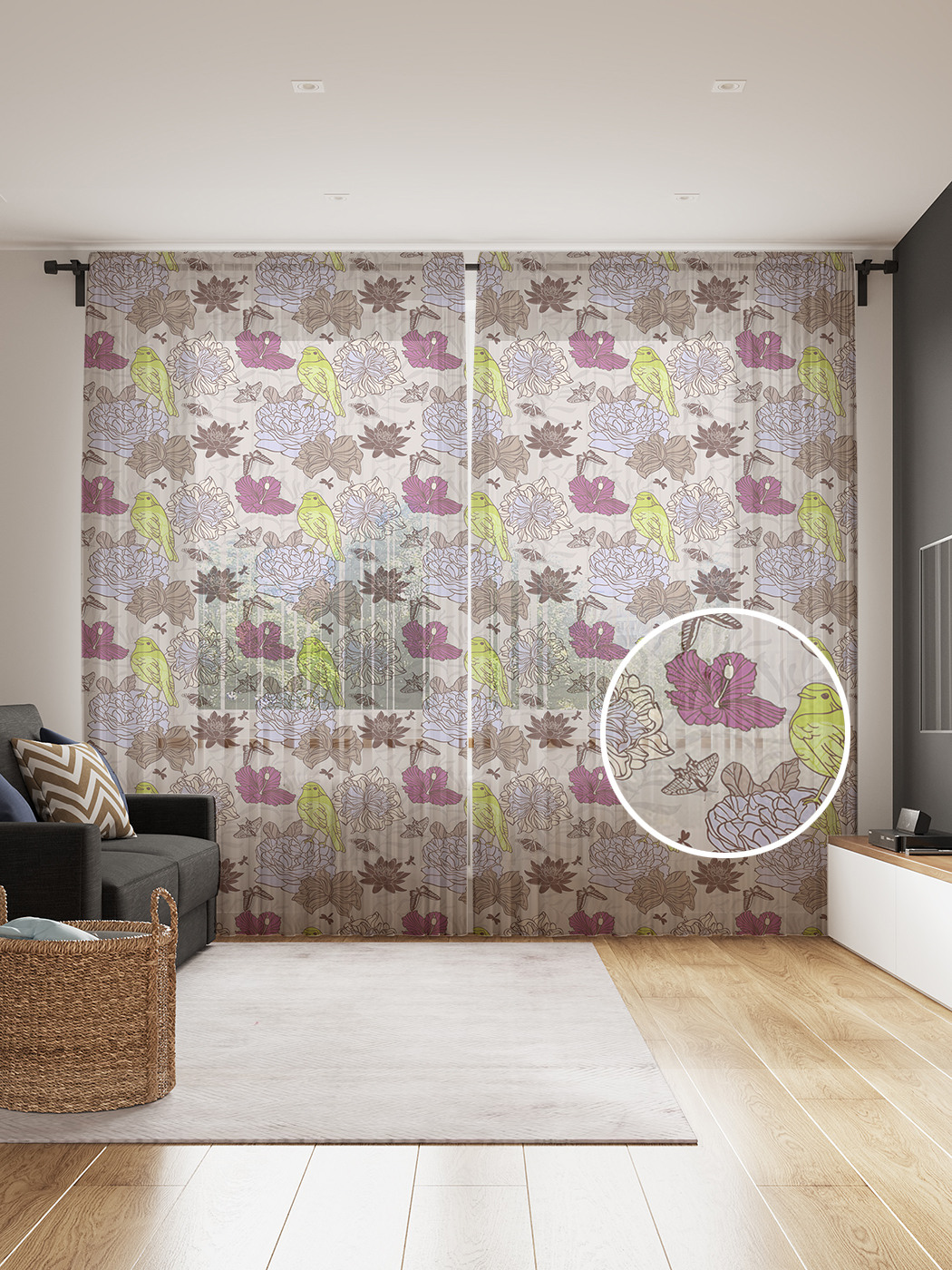 

Фототюль JoyArty "Птичка на цветке", 145x265см (2 полотна со шторной лентой + 50 крючков), Птичка на цветке