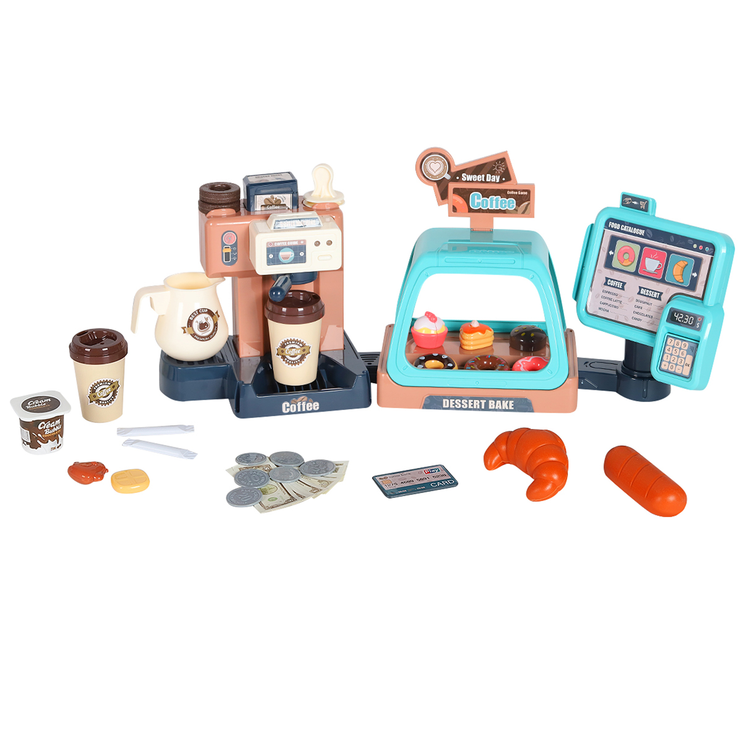 Игровой набор JIACHENG Супермаркет, игрушечная касса, кофемашина, продукты, JB0209124.