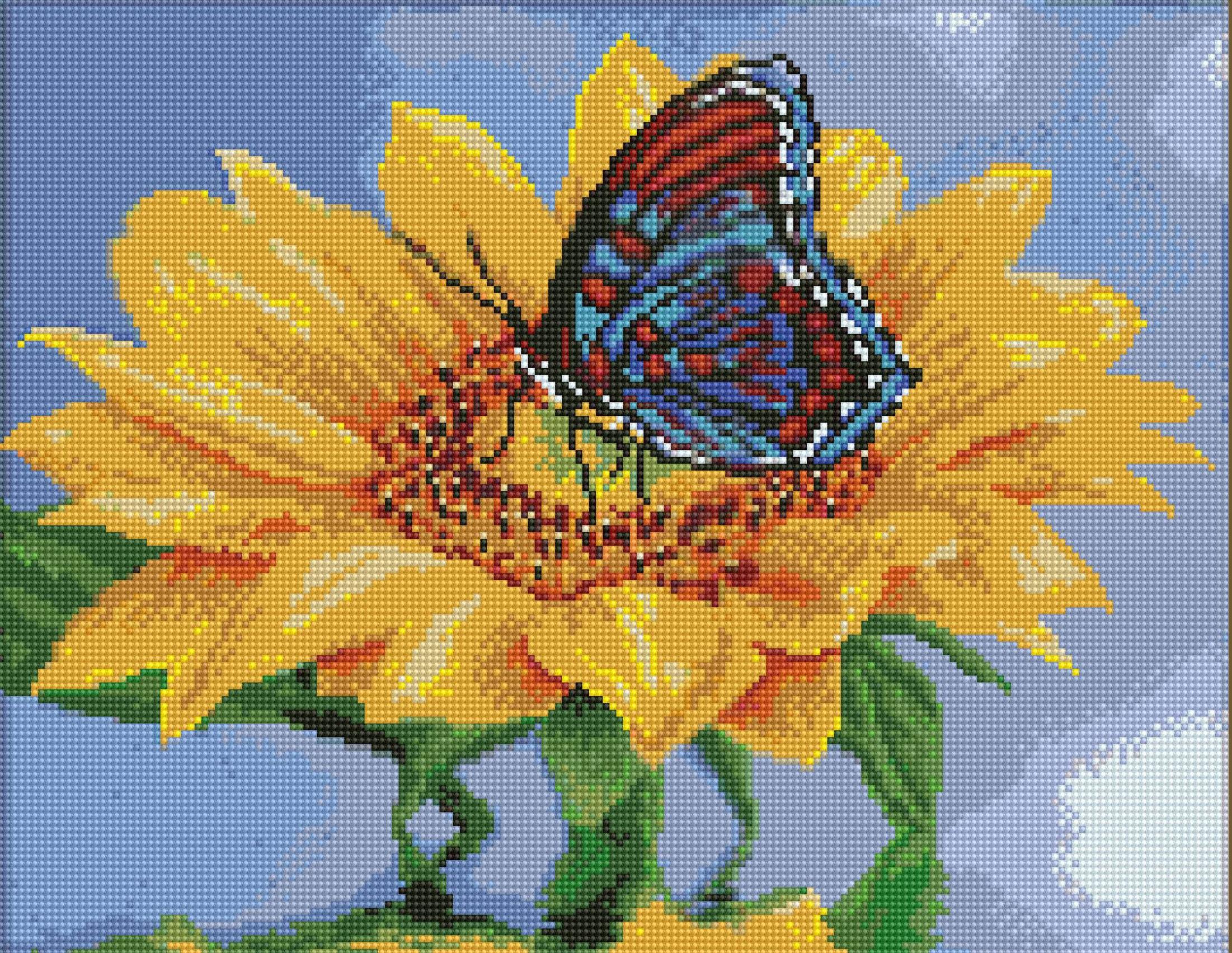 фото Цветной мир ярких идей алмазная вышивка подсолнух с бабочкой b301, 40x50 см