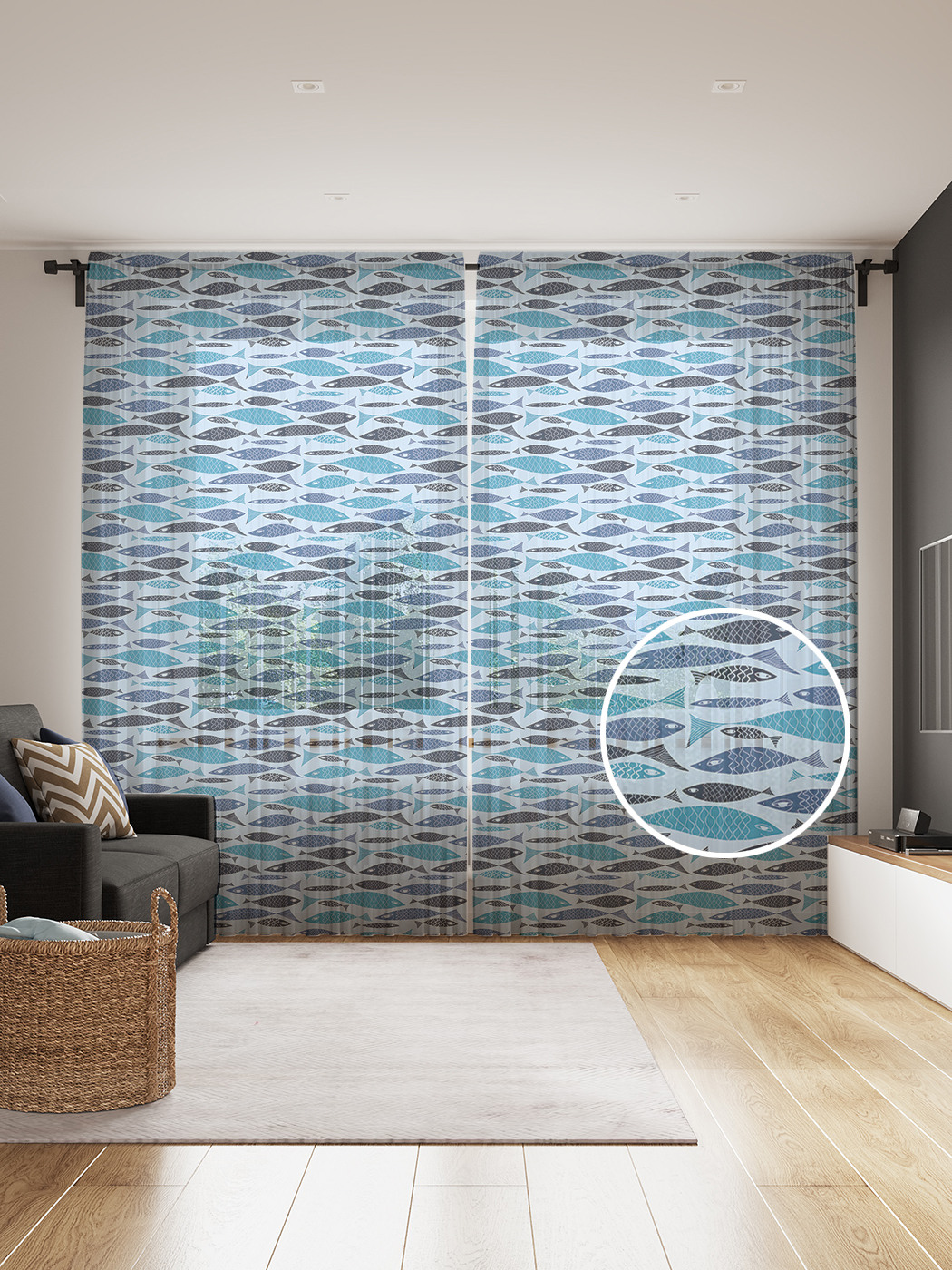 

Фототюль JoyArty "Рыбный стиль", 145x265см (2 полотна со шторной лентой + 50 крючков), Рыбный стиль