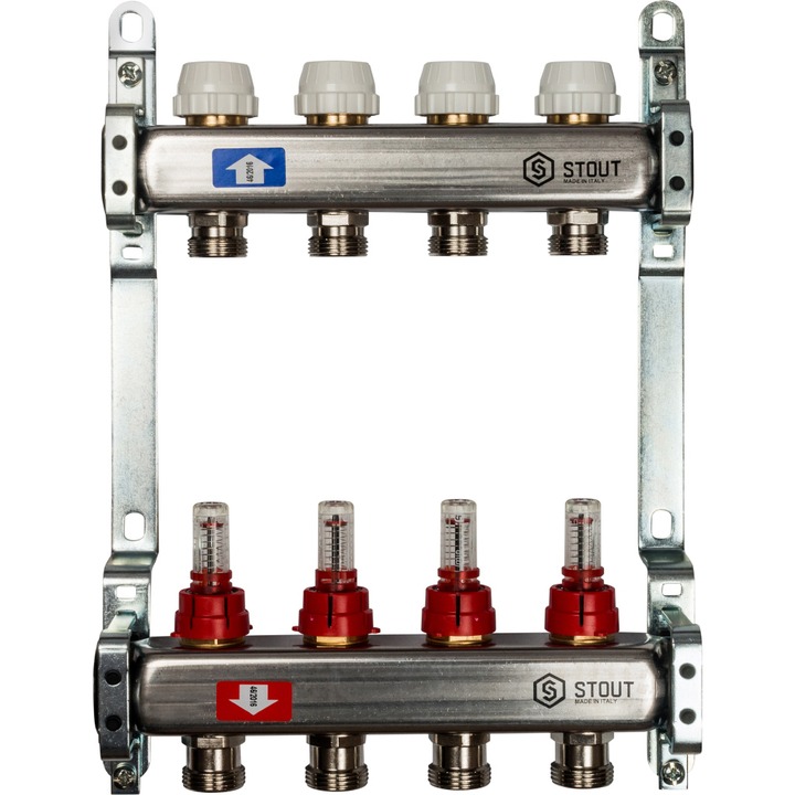 фото Распред-ный коллектор stout sms с расход-ми и рег-щими вставками на 4 контура 1"х3/4"