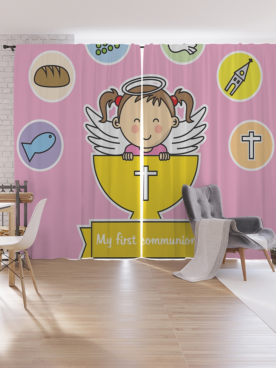 

Шторы под лён JoyArty "Мои первые причастия", серия Oxford DeLux, 340х265 см, Мои первые причастия