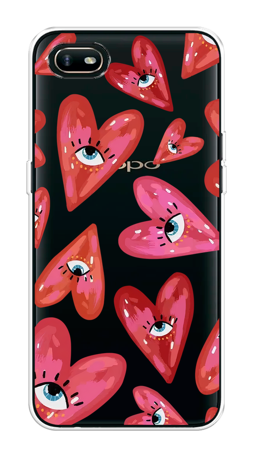 

Чехол на Oppo A1k "Сердечки с глазами", Коричневый;красный;розовый, 252150-1