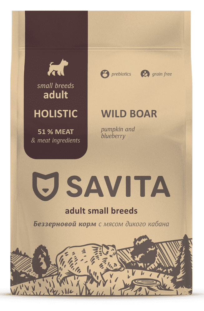 Сухой корм для собак SAVITA, для малых пород, с мясом дикого кабана, 1 кг