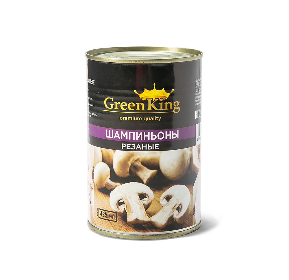 

Шампиньоны Green King маринованные, резанные, в железной банке, 425 мл