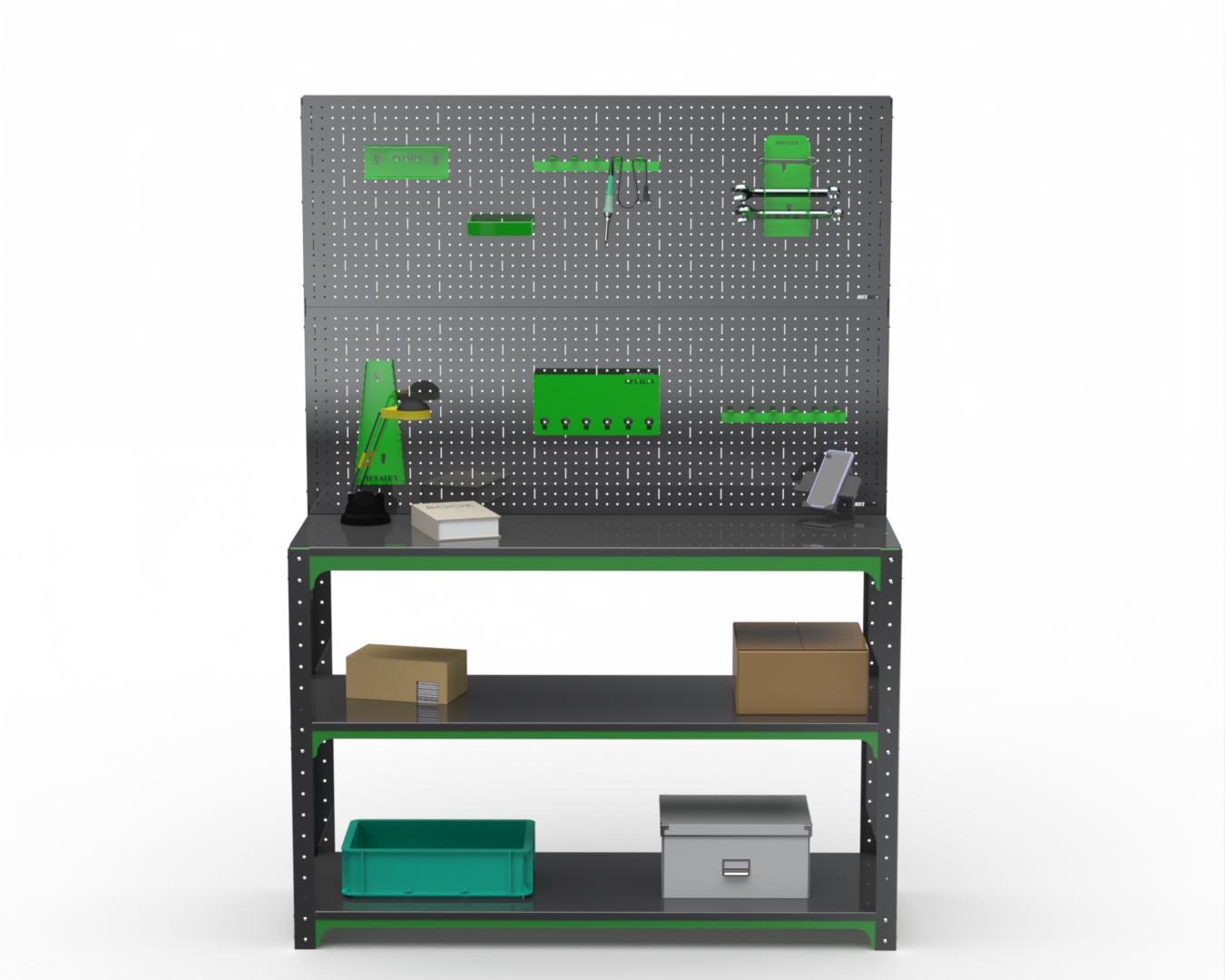 

Стол-верстак Metalex серия KIT 950х1400х600 (две полки) + 2 перфопанель, серо-зеленый