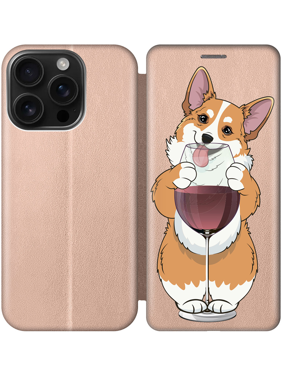

Чехол-книжка на Apple iPhone 16 Pro с принтом "Корги и бокал" золотой, Золотистый;белый;бордовый, 785197771