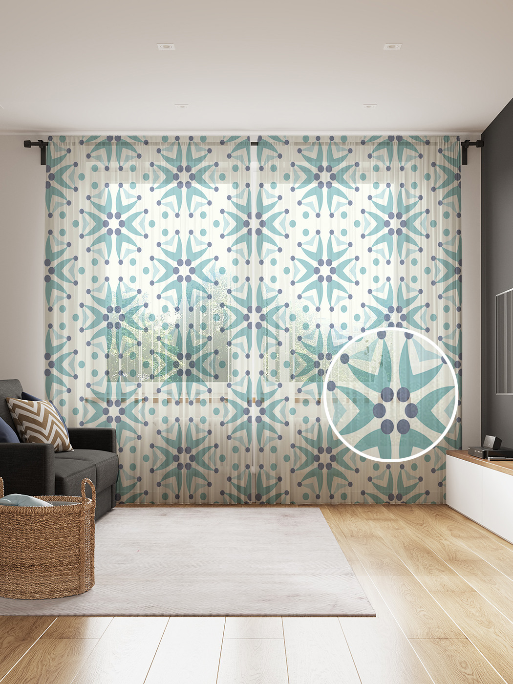 

Фототюль JoyArty "Геометрические снежинки", 145x265см, 2 полотна, лента, 50 крючков, Геометрические снежинки