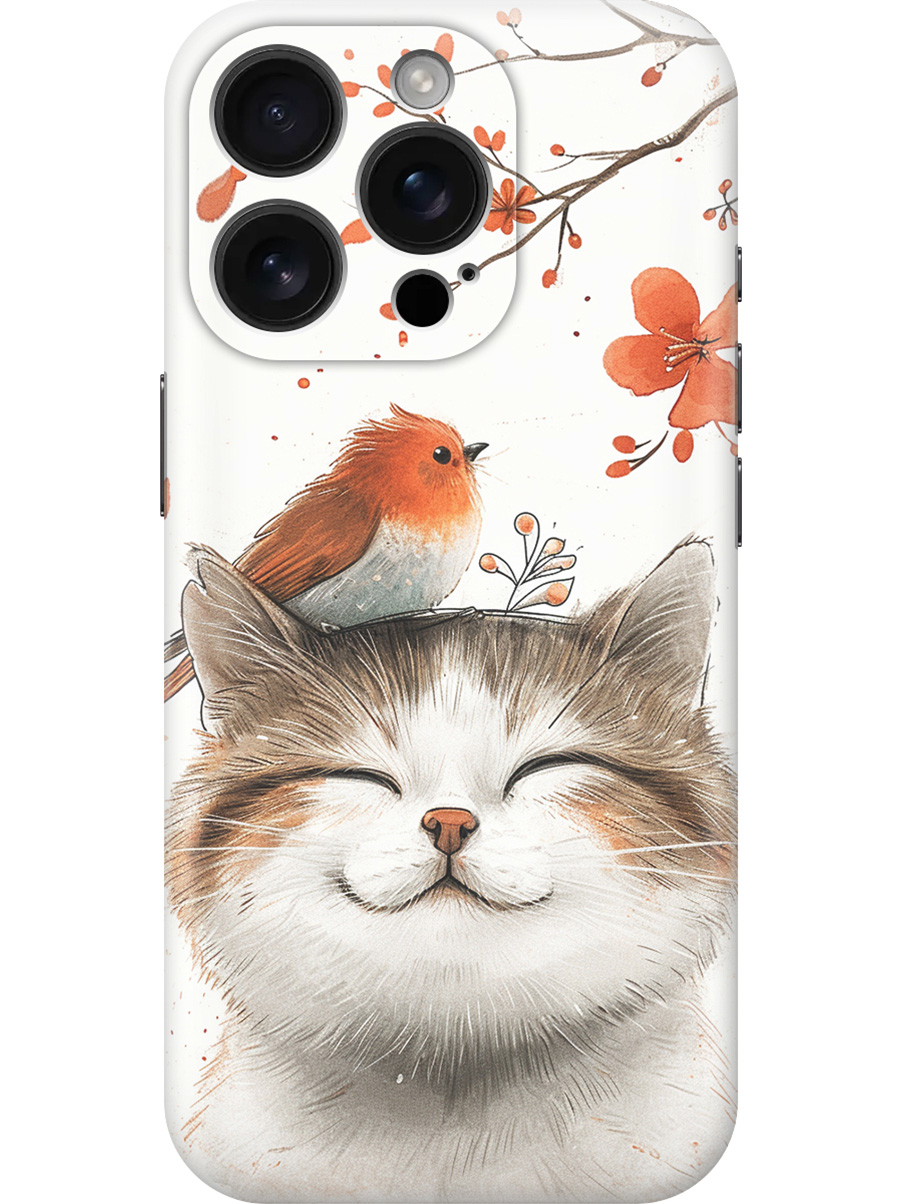 

Силиконовый чехол на Apple iPhone 16 Pro с принтом "Довольный котик и птичка", Прозрачный;белый;красный, 785197711