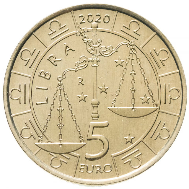 Монета 5 евро Весы, Знаки зодиака, Сан Марино 2020 UNC