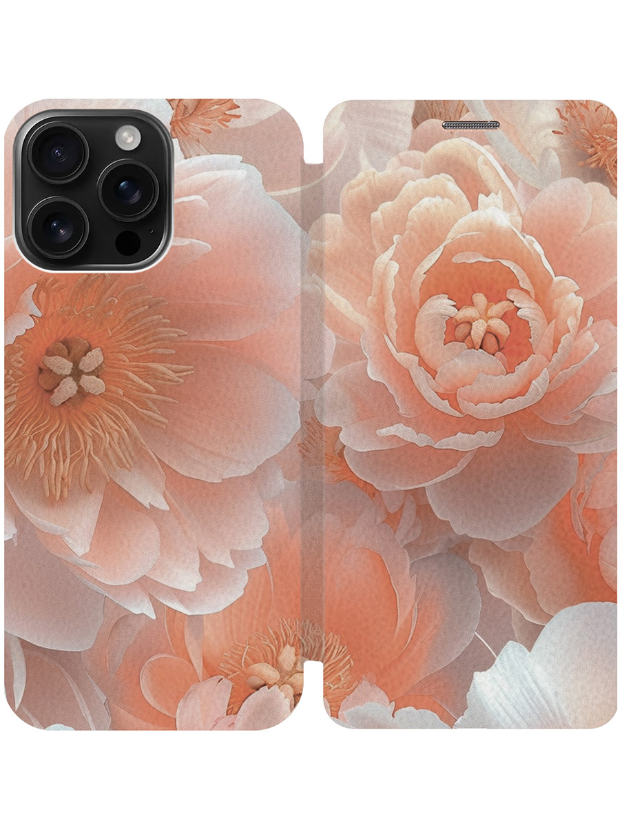 

Чехол-книжка на Apple iPhone 16 Pro Max с принтом "Персиковые пионы" золотой, Золотистый;белый;оранжевый, 785198321
