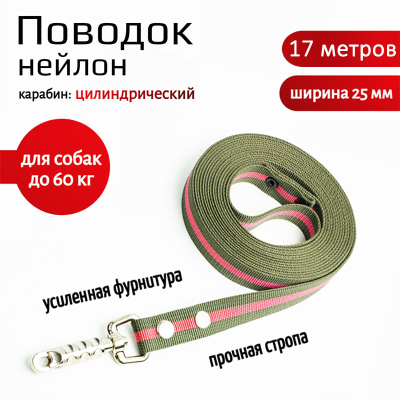 

Поводок для собак Хвостатыч с цилиндрическим карабином, нейлон,зелено-красный,17 м х 25 мм