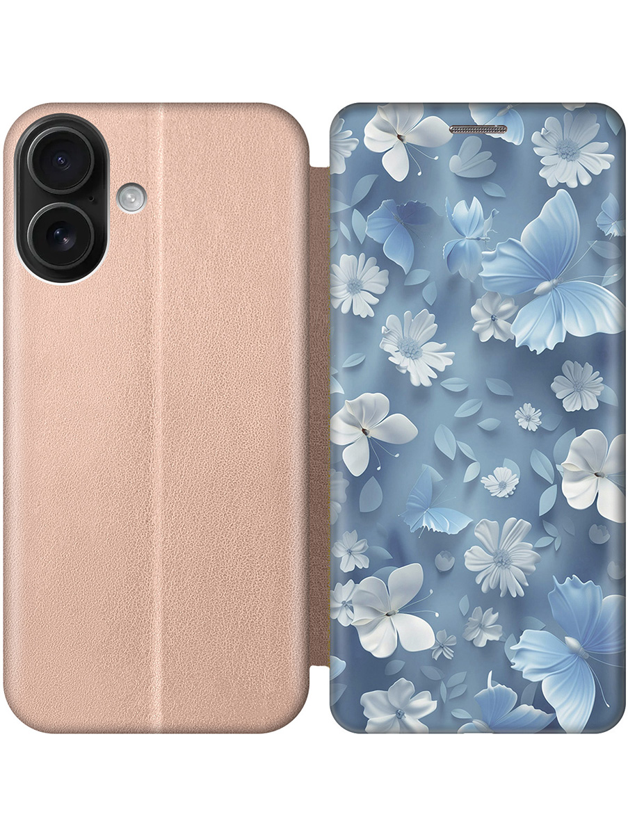 

Чехол-книжка на Apple iPhone 16 с принтом "Голубые бабочки" золотой, Золотистый;белый;голубой, 785196523