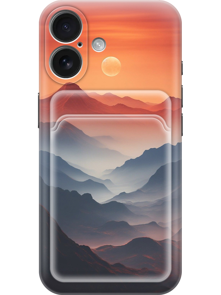

Силиконовый чехол на Apple iPhone 16 с принтом "Луна над горами" с карманом для карты, Прозрачный;оранжевый;черный, 785196541