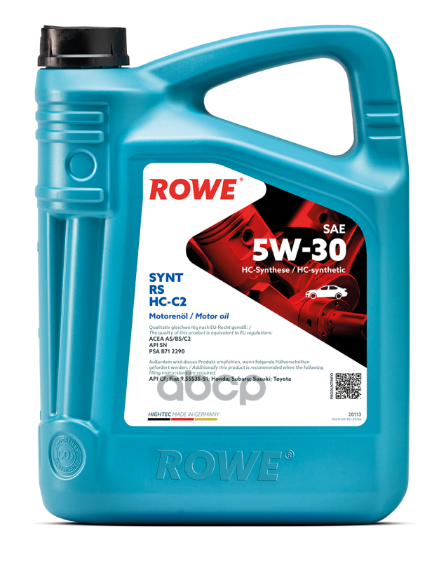 фото Rowe масло rowe 5/30 hightec acea a5/b5,c2,api sn, cf synt rs hc-c2 синтетическое 5 л