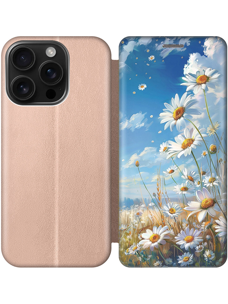 

Чехол-книжка на Apple iPhone 16 Pro с принтом "Ромашки на поле" золотой, Золотистый;белый;синий, 785197722