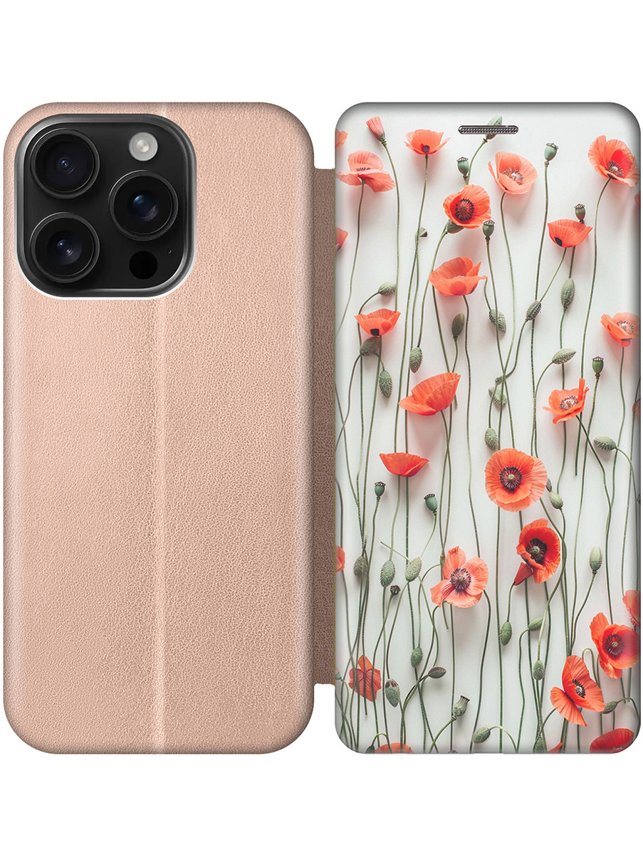 

Чехол-книжка на Apple iPhone 16 Pro с принтом "Маки на белой стене" золотой, Золотистый;белый;красный, 785197722
