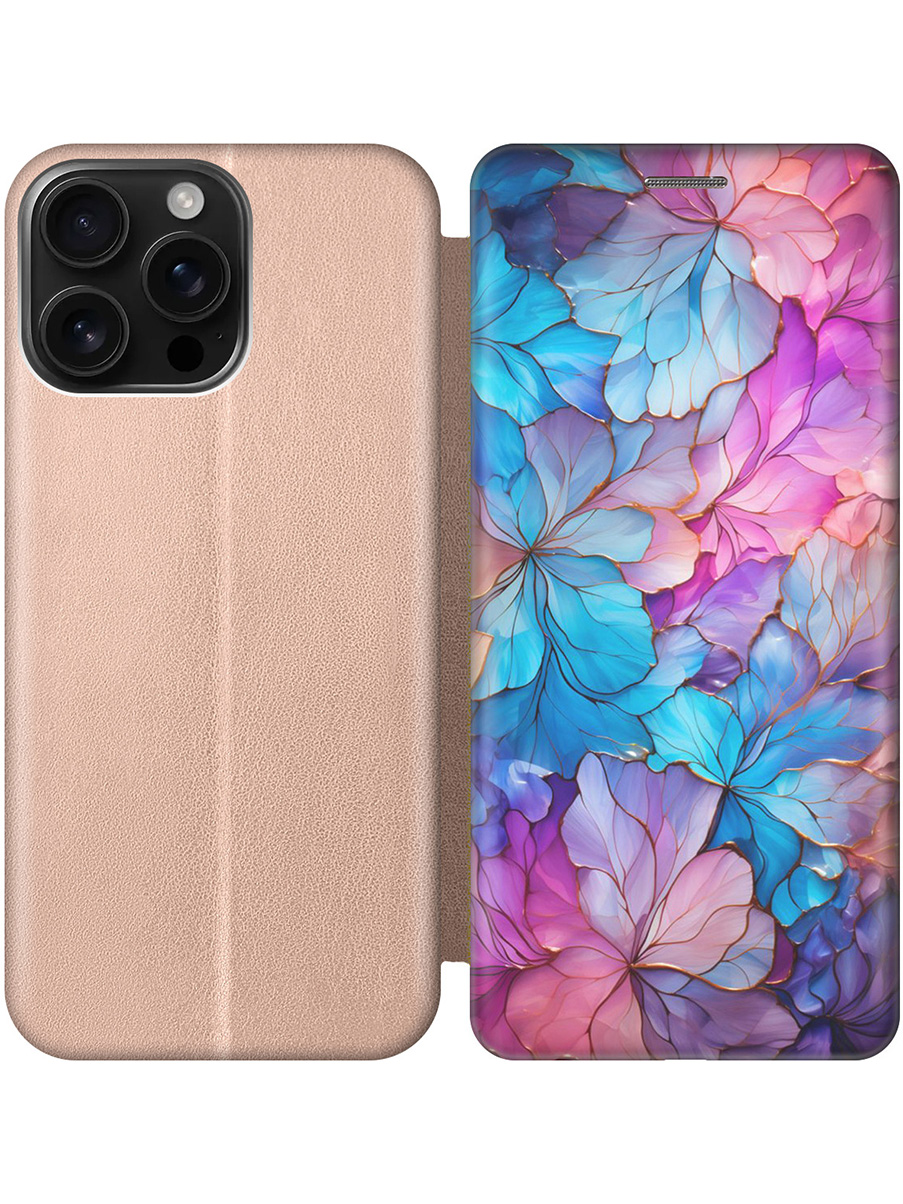 

Чехол-книжка на Apple iPhone 16 Pro Max с принтом "Цветочный витраж" золотой, Золотистый;голубой;розовый, 785198322